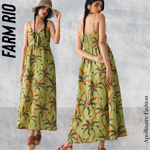 FARM RIO FRONT TIE PALM PRINT MAXI DRESS XS IN AVOCADO NWT - Picture 1 of 13